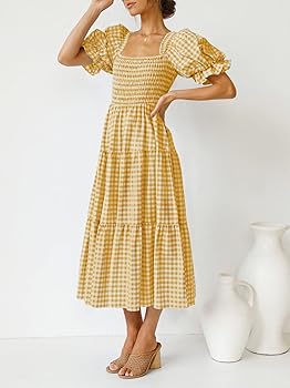 ZESICA Women's 2025 Bohemian Summer Plaid Square Neck Puff