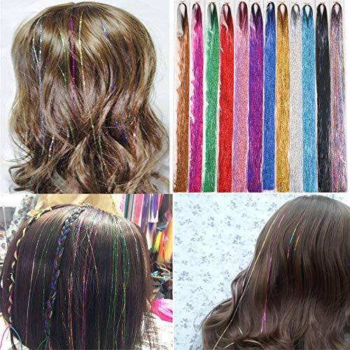 Answer 48 inches Sparkling Hair Tinsel Kit 12 Colors 7200 Strands Party Highlights Glitter Multi-Colors Shiny Hair Tensile Extensions Bling Hairpieces