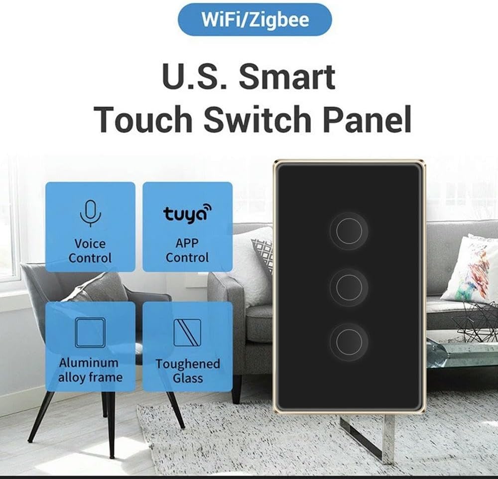 Tuya WiFi/Zigbee Smart Wall Switch with Metal Frame and Indented Touch Control – Compatible with Alexa and Gogle Assistant Tempered Glass Panel Available in 1/2/3/4 Gang Options Zigbee-White 2 Gang