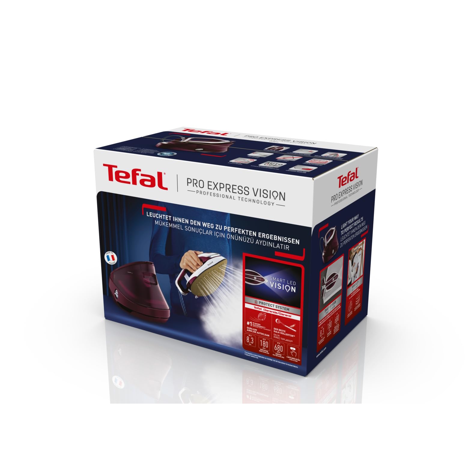 Tefal Pro Express Vision Dampfbügelstation, Smart LED-Leuchte am Bügeleisen, leistungsstarker 8,3-Bar-Druck, 180 g/Min. Dampf, 680 g/Min. extra Dampfstoß, Anti-Kalk System, dunkelrot/weiß, GV9810