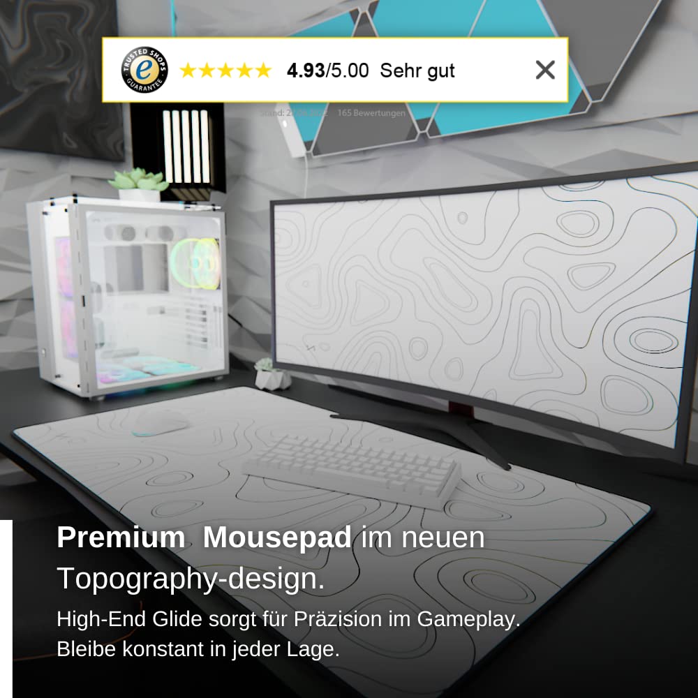 Nyfter Tapis de Souris de Jeu XXL Blanc Noir au Design topographique - 900 x 500 mm