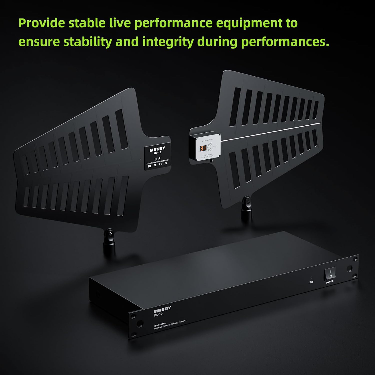 MD-10 UHF Wireless Antenna Distribution System, Wireless Microphone Signal Amplifier, Gain Adjustment Active Antenna Paddles, 8 Outputs + 2 Cascade Ports, Covers 400-950MHz Frequency Range