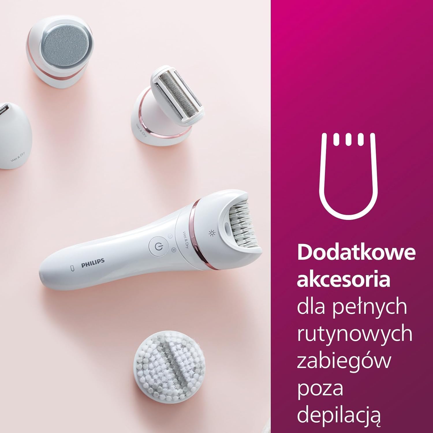 Philips Depilator z serii 8000, bezprzewodowy depilator na mokro i na sucho do nóg i ciała z 9 akcesoriami, golarką, trymerem, pilnikiem do pedicure i szczoteczką złuszczającą, model BRE740/10