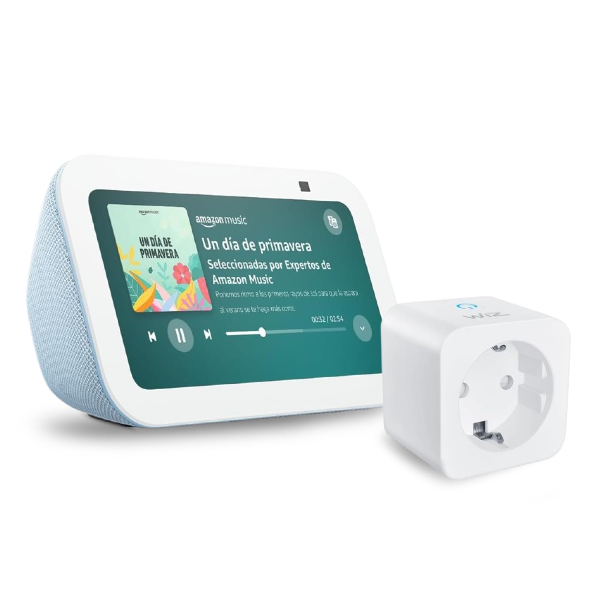 Echo Show 5 (Última generación) | Gris azulado + WiZ Enchufe Inteligente, compatible con Alexa - Kit de inicio de Hogar digital