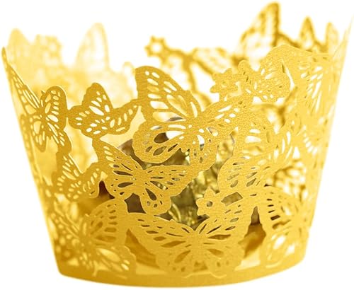 50 envoltorios para cupcakes, vasos de papel artísticos para hornear pasteles, con borde envolvente de mariposa hueca, borde envolvente de encaje de