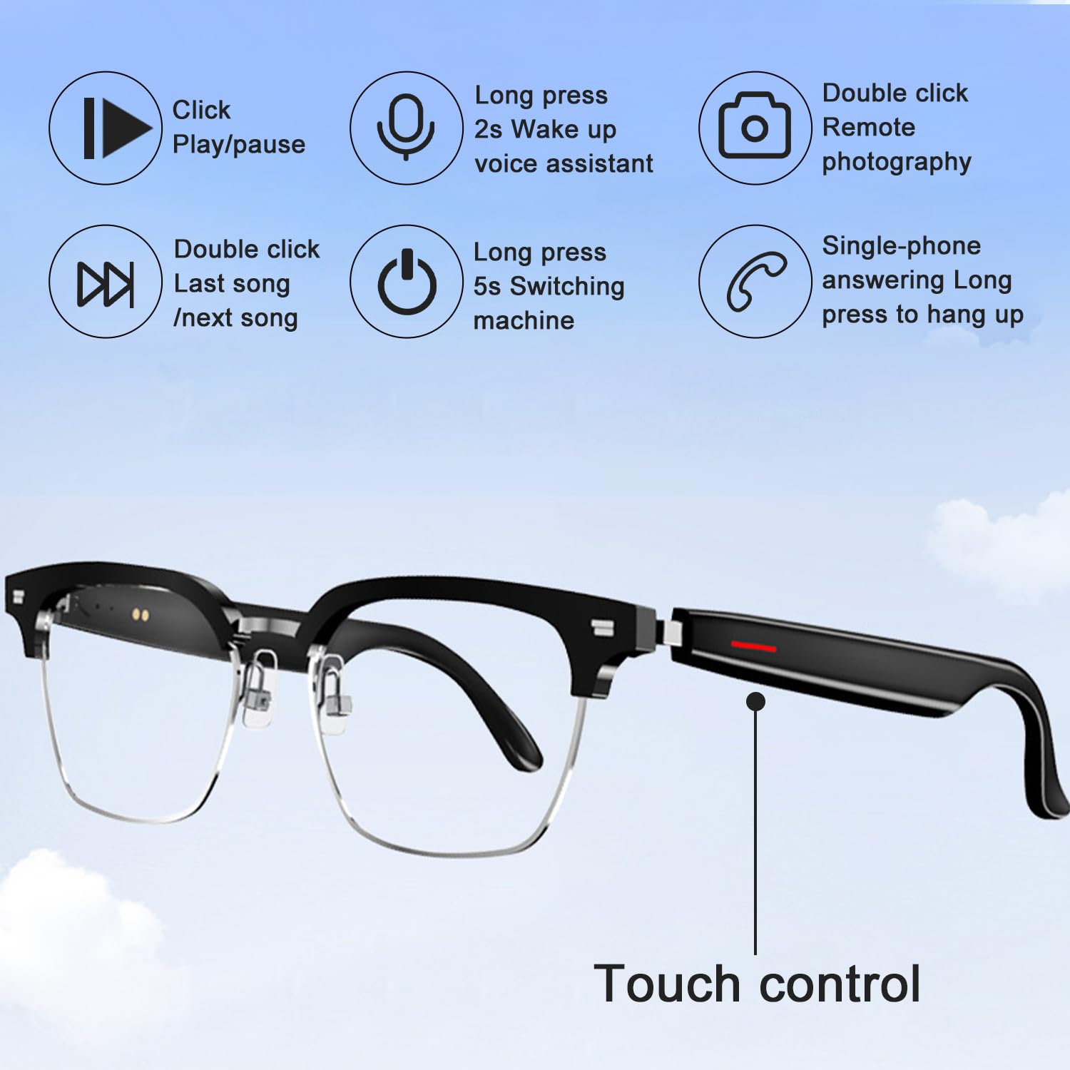 Gsnagole Smart Glasses Listenable Songs, Smart Wireless Headphone Sunglasses, Glasses,Sunglasses for Women & Men,Smart Glasses Sports Sunglasses with Mic (Half frame transparent smart glasses)