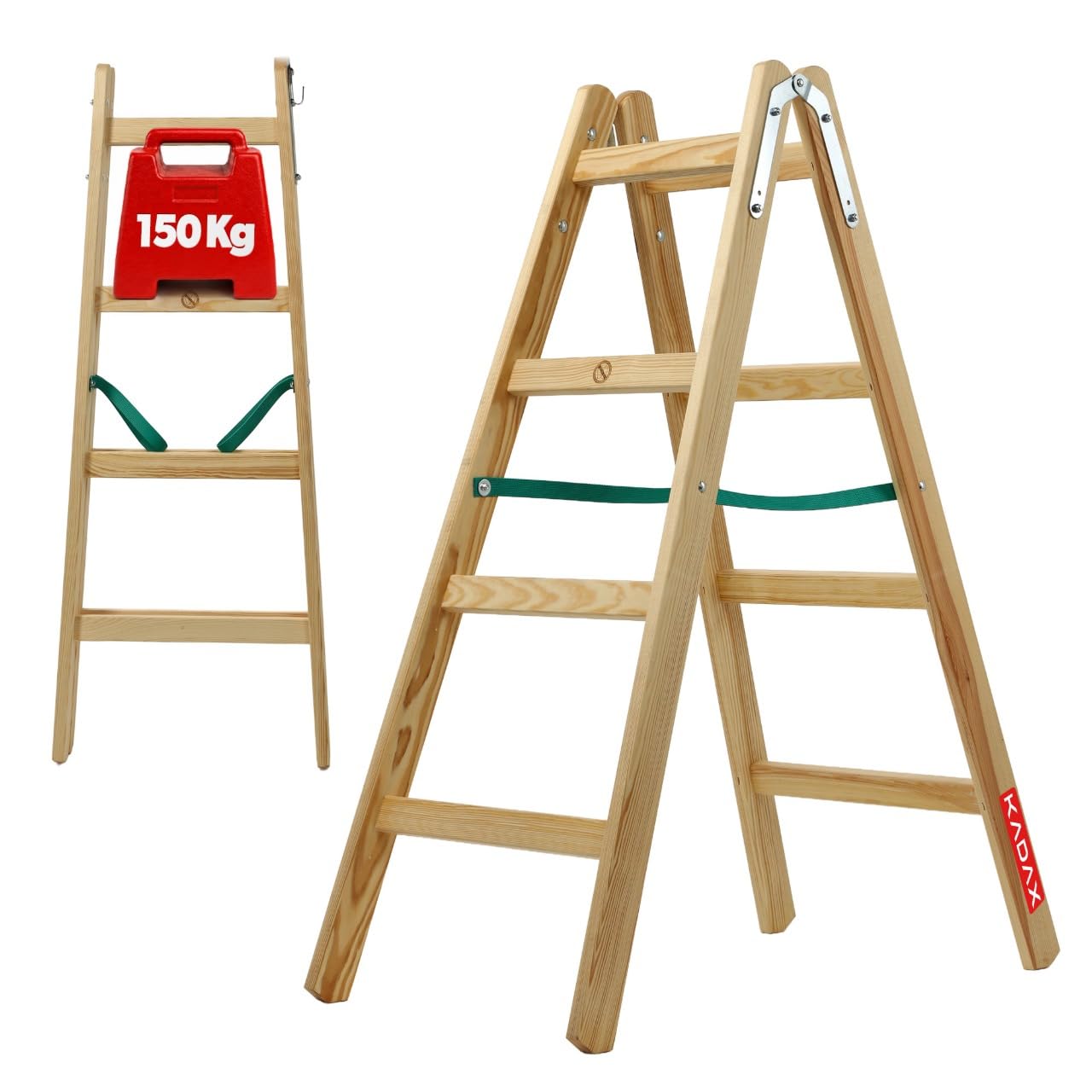 KADAX Scala a Pioli Doppia in Legno di Pino Impregnato, Scaletta Pieghevole con Gancio in Acciaio e Certificata EN 131, Fino a 150 kg (4 Gradini)