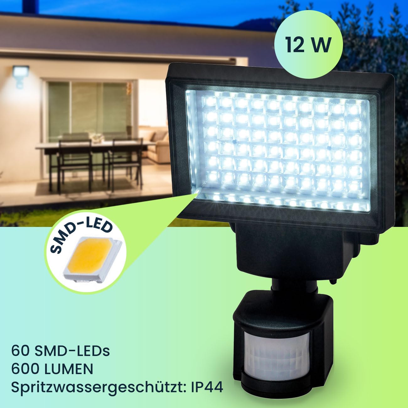 2er-Set Leistungsstarker LED Solar-Strahler mit Bewegungsmelder - Mehr Sicherheit für Ihr Zuhause - Helle 600 Lumen Aussenleuchte für Garten & Hof