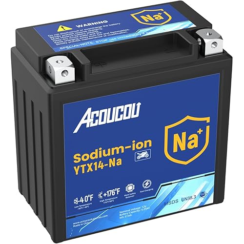 Acoucou YTX14-BS Motorcycle Battery, 12V Sodium-Ion Battery, 250CCA, High Performance Rechargeable Maintenance Free Batteries For Motorcycles, ATV, Lawn Mowers, Scooter,UTV, ect.