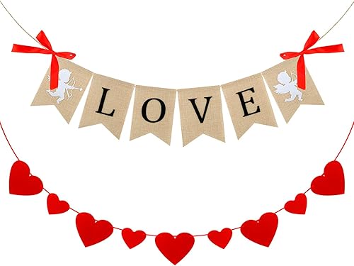 Paquete de 2 guirnaldas para el día de San Valentín, decoración del día de San Valentín, pancarta rústica colgante de amor, decoración de San