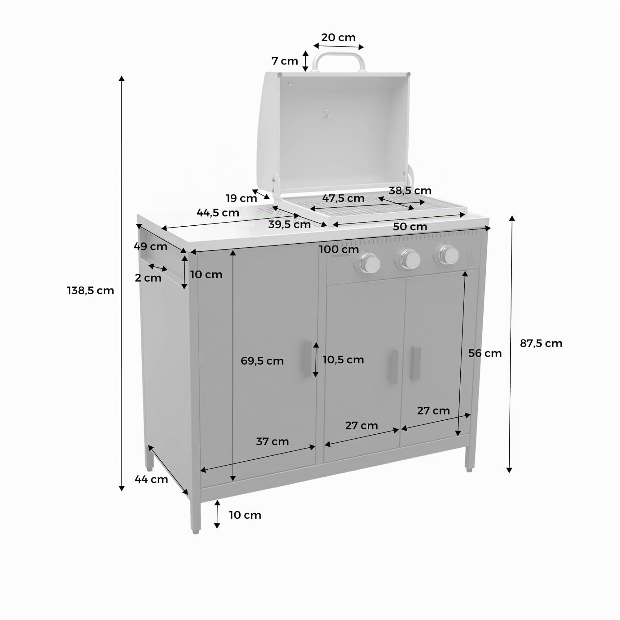 sweeek Barbecue a Gas 3 bruciatori, 3 Ante, 2 spazi di stoccaggio Nero - 100x51x87.5 cm