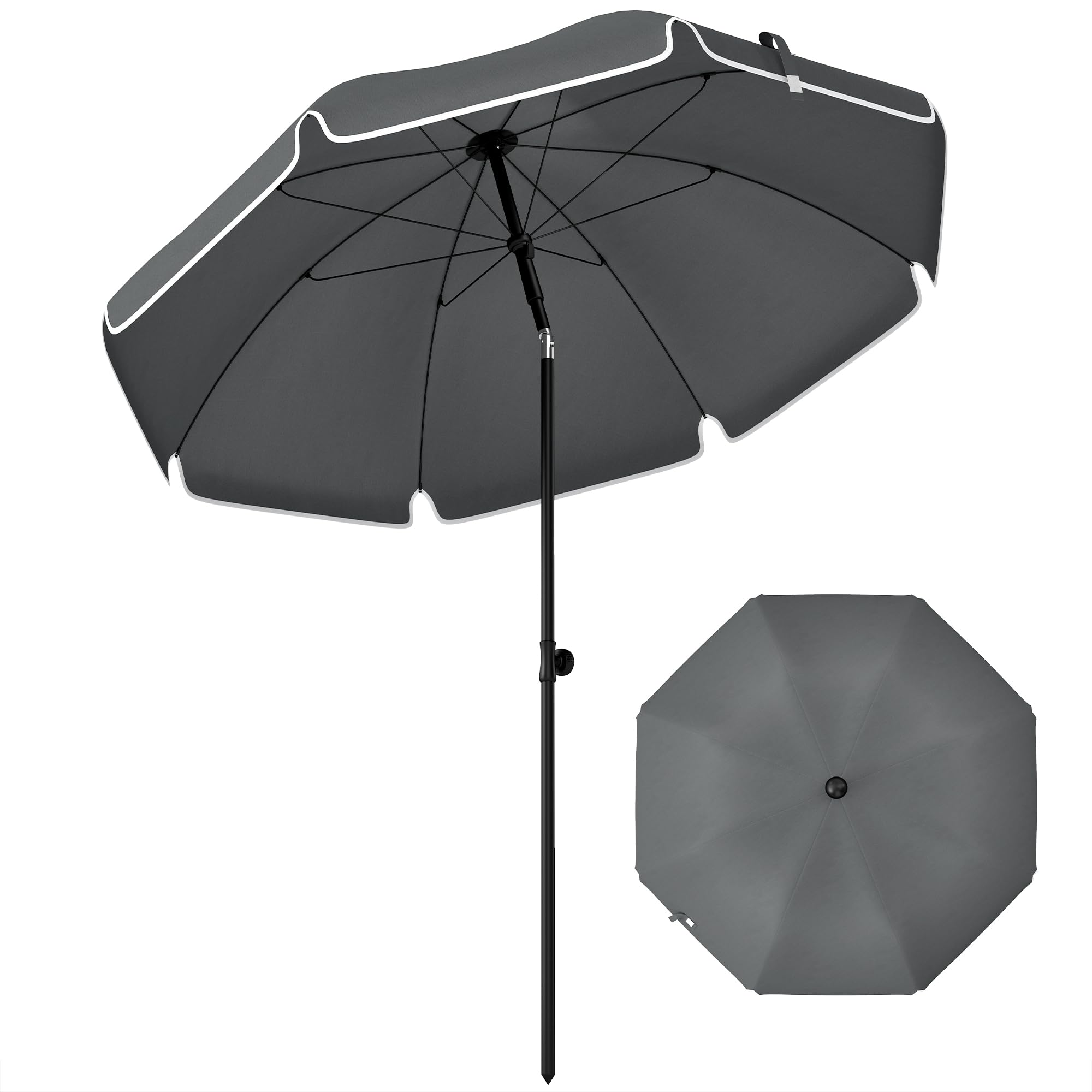 Outsunny Dark Grey 1.8 M Beach Umbrella Parasol With Sand Anchor, Portable 30° Tilting Patio Sun Shade With Adjustable Height, Carry Bag, Uv Protection,