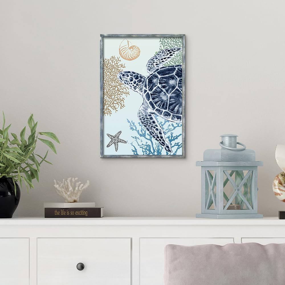 Sea Turtle Bathroom Wall Decor: Blue Turtles Artwork Coastal Wooden Wall Art with Framed Picture - Teal Coral Beach Ocean Wood Painting for Turtle Lovers