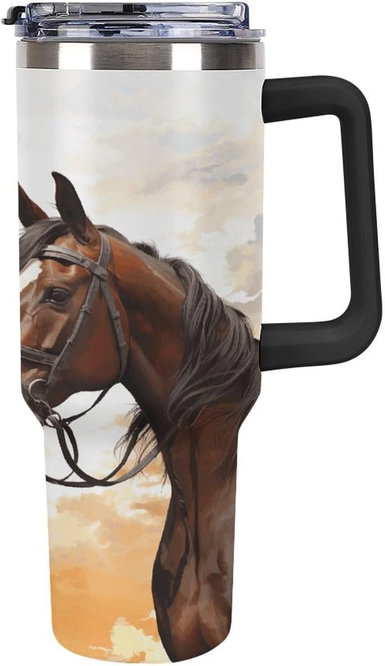 Couple Horse Travel Coffee Mug Reusable Durable Stainless Steel Insulated Tumbler with Handle And Straw Leak Resistant Portable Thermal Cup Gifts for Men Women 40 Oz