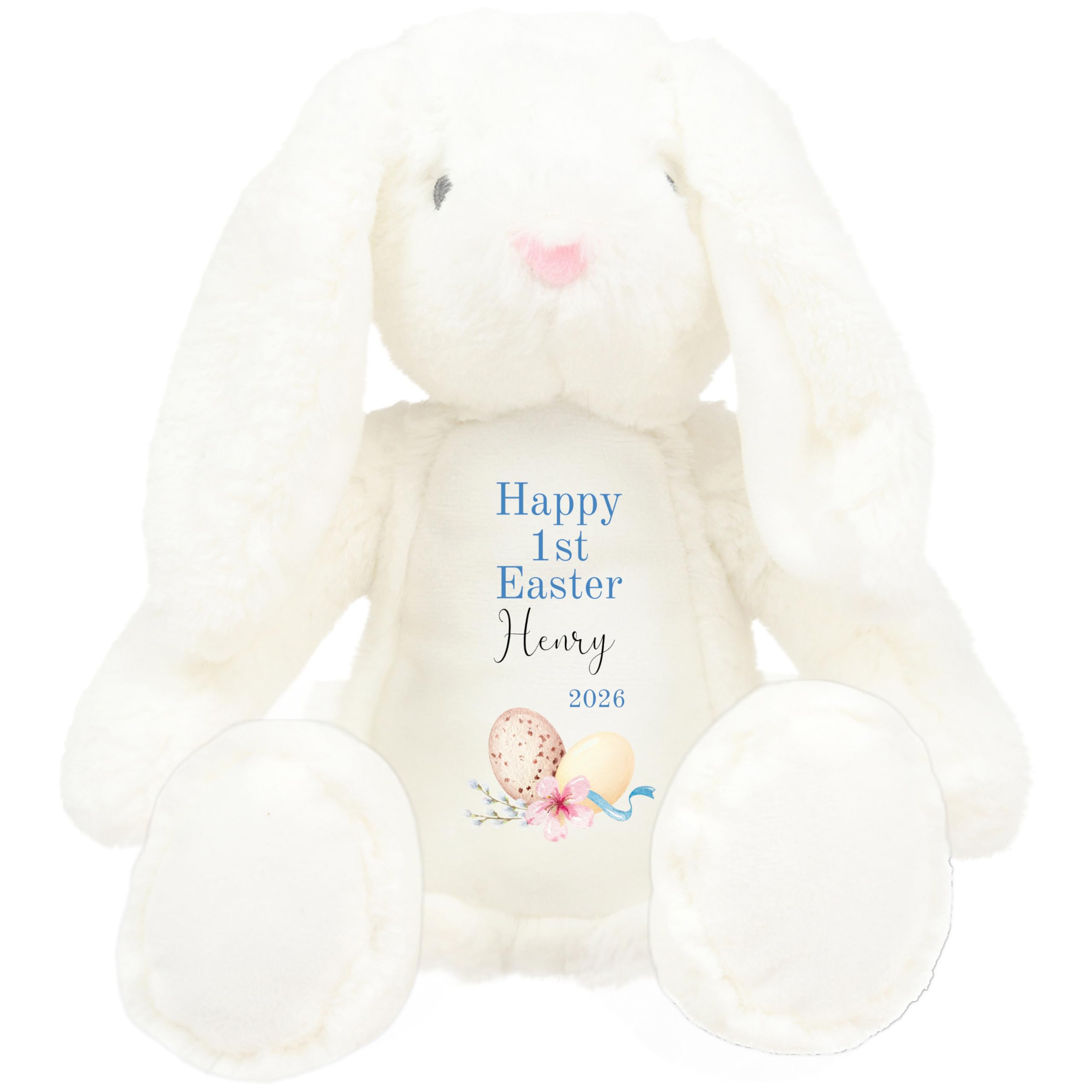 HotScamp Personalised Easter Bunny with Name - Happy 1st Easter Egg 2026 Blue - Soft Toy for Baby, Toddler, Child, Kids, Babies Spring Time - Blue Letter White Bunny