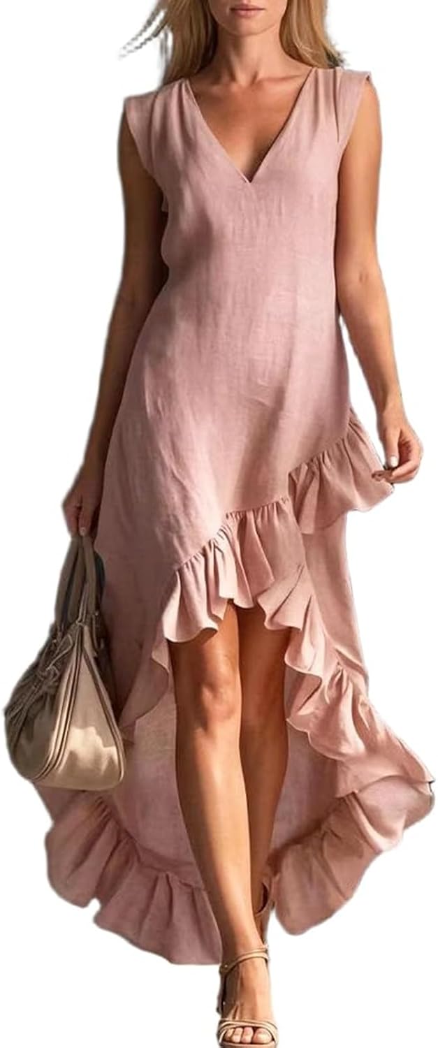 Cotton Linen Dresses for Women 2026 V Neck Sleeveless High Low Ruffle Hem Summer Beach Sundress Casual Flowy Dress