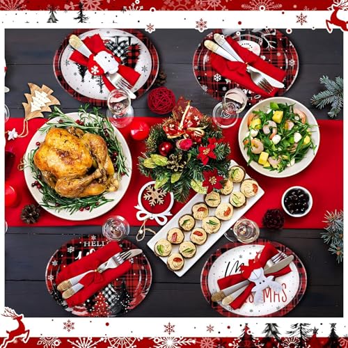 Image of Fourluoo 96 Pcs Christmas Paper Plates Disposable 9 Inch Red and Black Buffalo Plaid Dessert Cake Dinner Plates Bulk for Xmas Holiday Party Favor Supplies