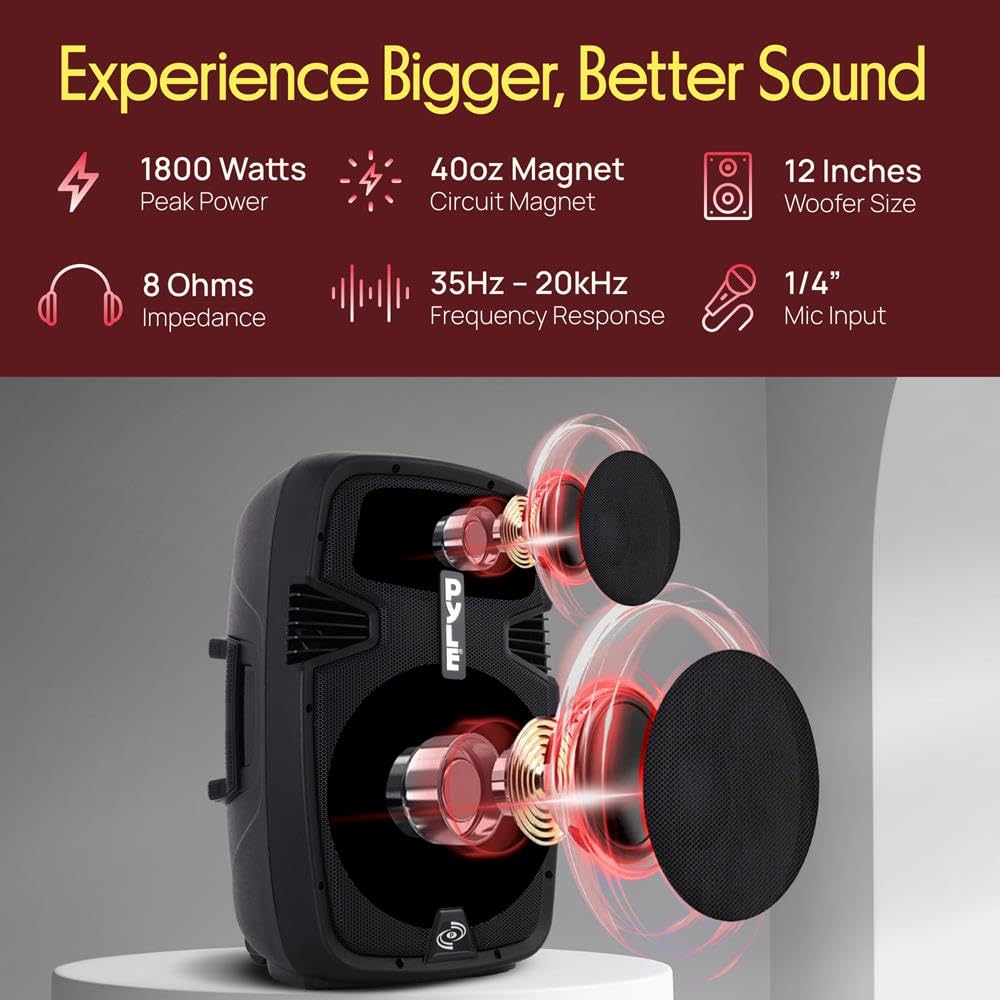 Pyle Système PA 1800 W - Kit Complet - Haut-parleurs avec Microphone, boîte de fête Bluetooth, Haut-Parleur DJ avec 2 Supports de boîte, USB/SD/MP3/AUX, télécommande, Haut-parleurs Actifs/passifs