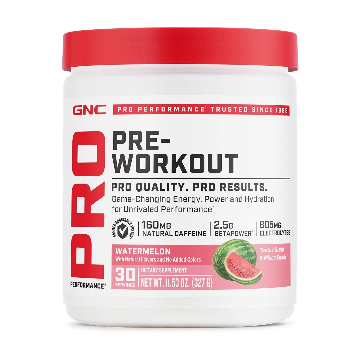 GNC Pro Performance Pre Workout Powder for Men and Women, Energy, Hydration, and Focus, Sugar Free, Gluten Free, Performance Supplement, Watermelon, 30 Servings