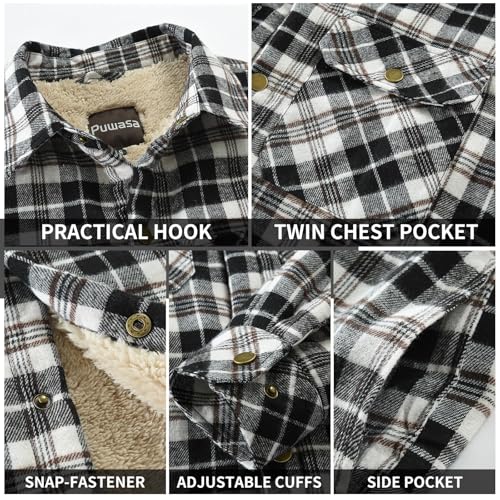 Image of Men's Sherpa Cotton Flannel Shirt Jacket Plaid Button Coat Pocket
