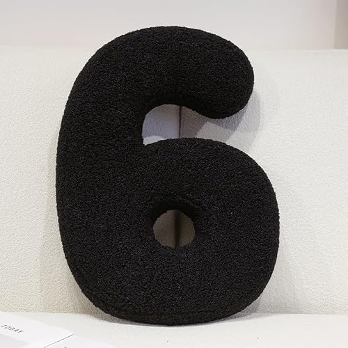 Shapeazy Number Plush Pillow, Numbers Hugging Throw Pillows, Decorative DIY 0-9 Number English Throw Pillows for Bed Couch Sofa Bedroom Living Room Decor (Number 6, Black, 15.7in)