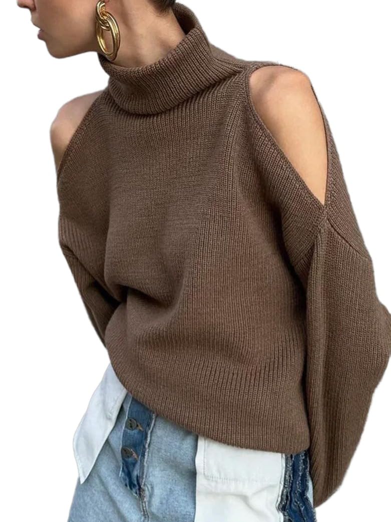Womens Turtleneck Cold Shoulder Sweater Trendy Long Sleeve Pullover Cable Knitted Sweater Cutout Loose Fit Sweaters