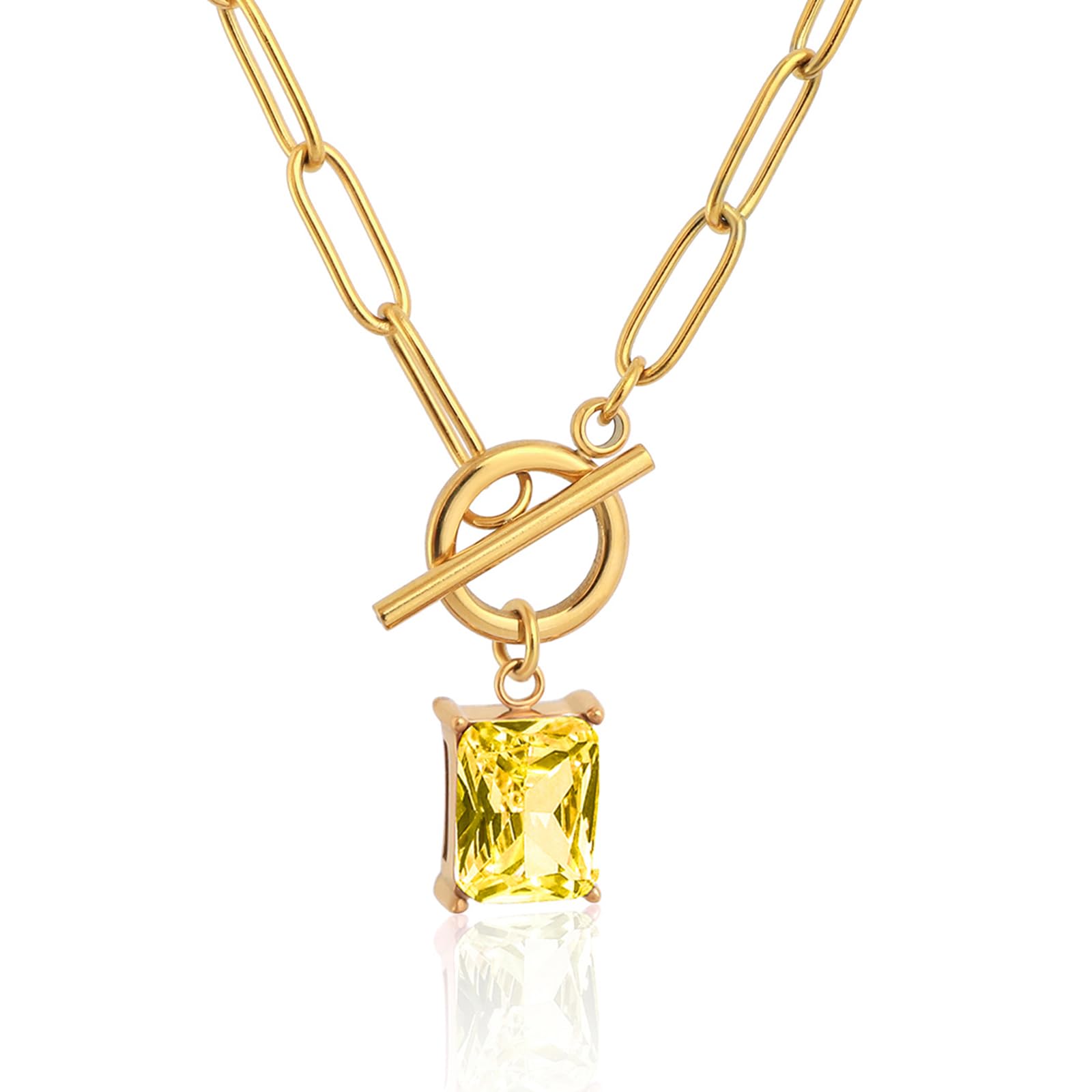 TaYolnFaSo Heart Gemstone Paperclip Toggle Necklace Dainty Size 8 * 10mm Emerald Cut Birthstone Necklace Natural Stone Jewelry Valentine's Day Gift