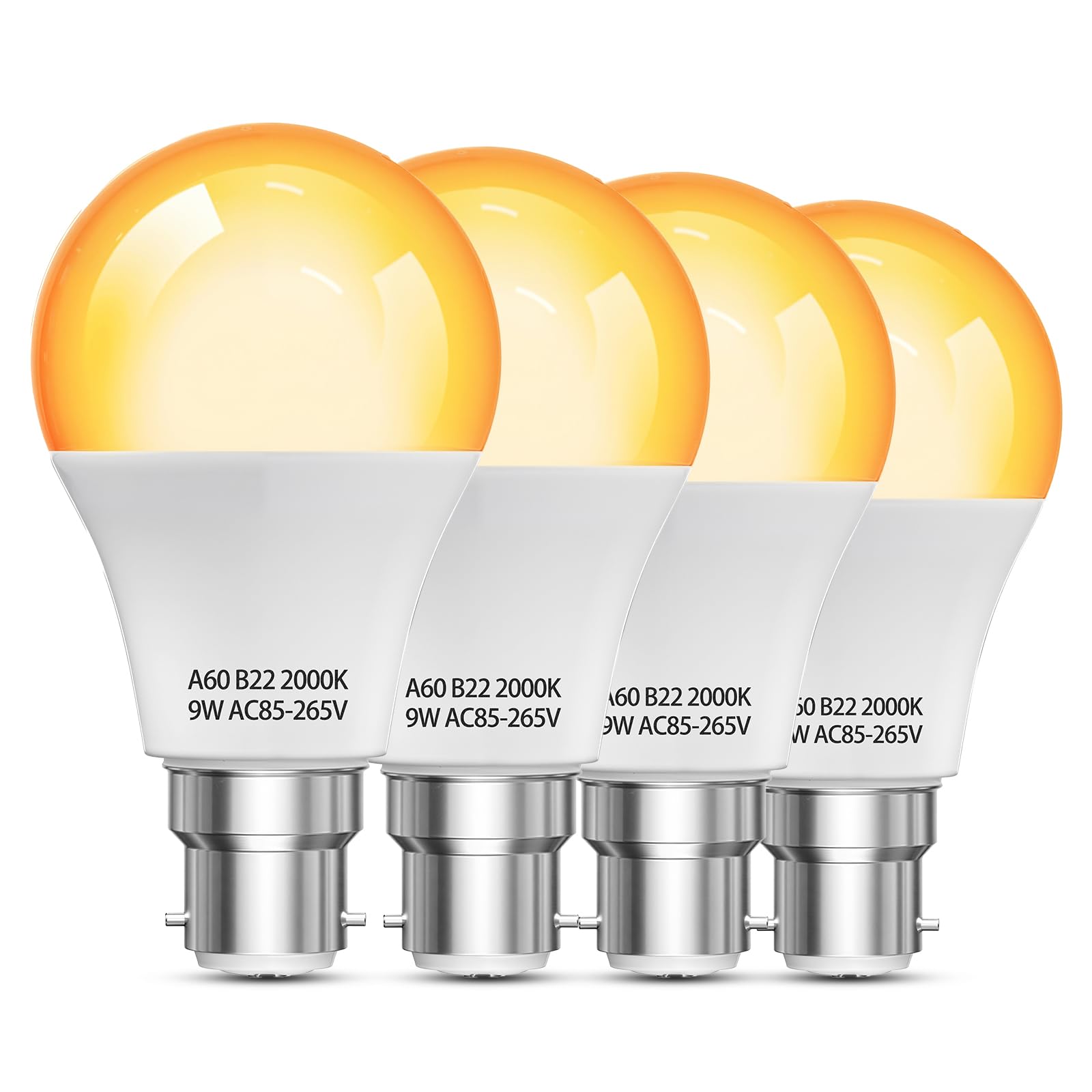 HomiShine 2000K B22 LED Bulb Amber Warm Light Bulb GLS A60 BC Bayonet Light Bulbs, 9W (60W Equivalent) Blue Light Blocking Warm Light Bulbs for Healthy Sleep, Bedroom, Nursery, Energy Saving, 4 Pack