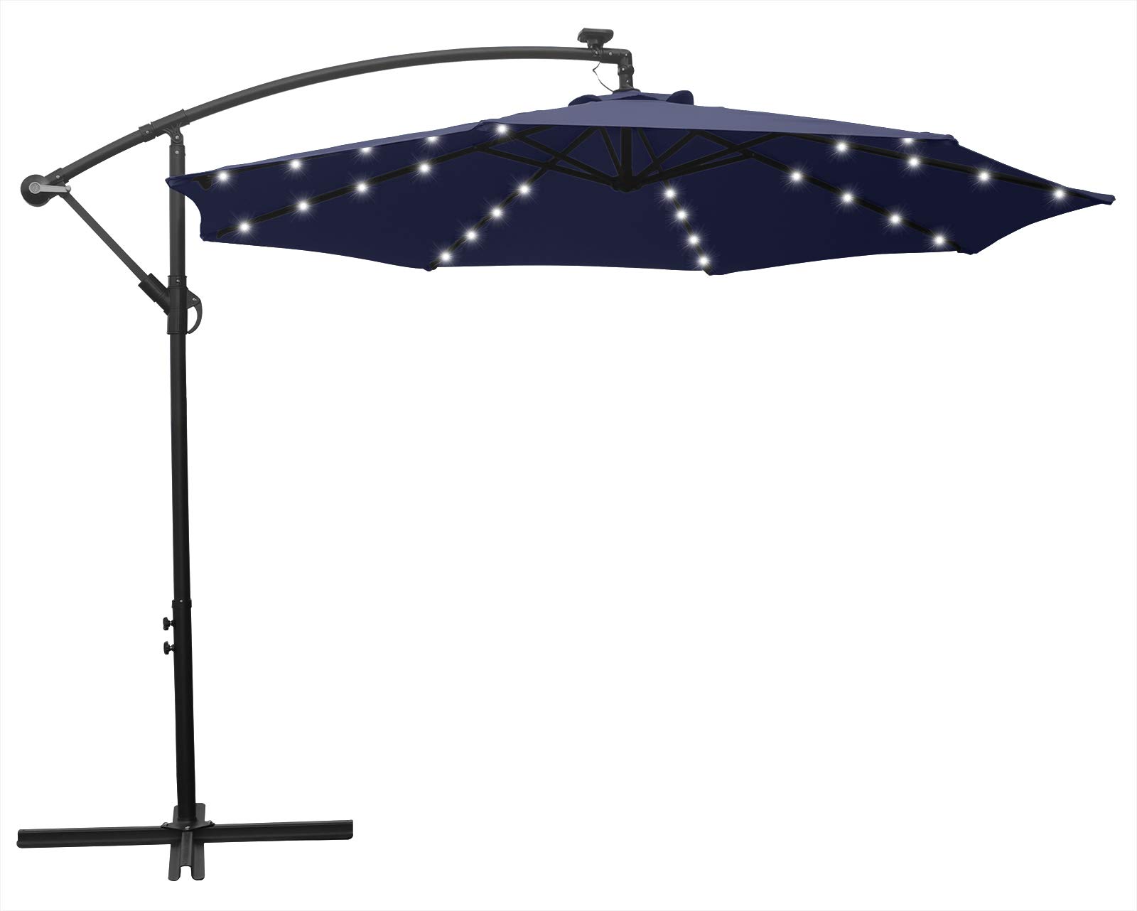 HENG FENG 10FT Solar Powered 32LED Lighted Patio Offset Umbrella Cantilever Umbrella Hanging Outdoor Market Umbrella with Crank and Cross Base, Navy Blue