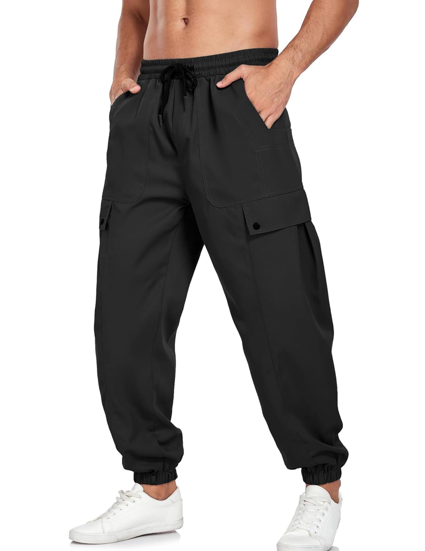 YYA Mens Streetwear Cargo Pants with Flap Pockets Drawstring Elastic Waist Trouser Casual Techwear Joggers S-XXL