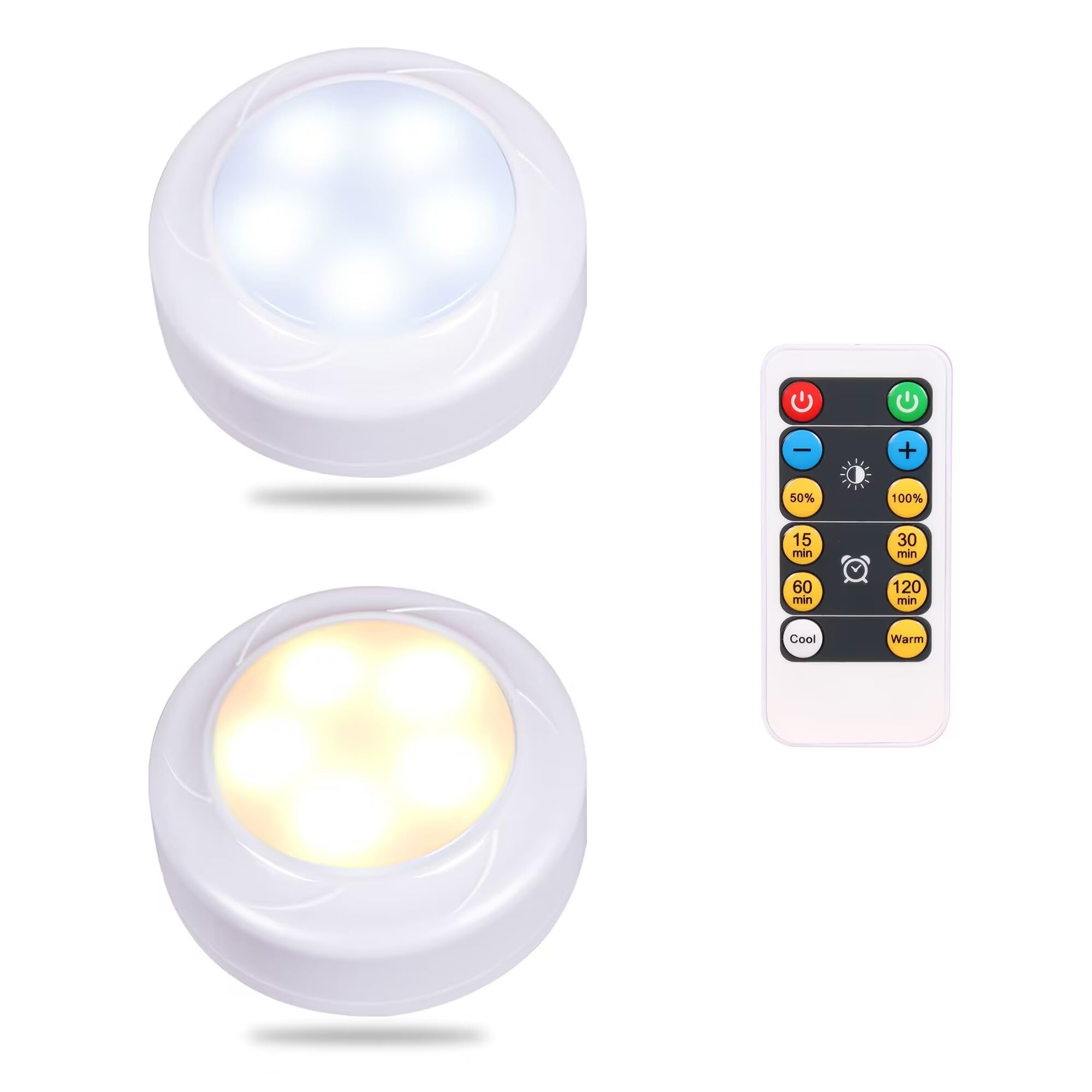 WRalwaysLX 2pack Remote Control LED Cabinet Push Light Cool/Warm Adjustable Night Light, Used by 3x1.5V AA Batteries (Not Included) for Kitchen Under Cabinet Lighting,Closets, Cabinets…