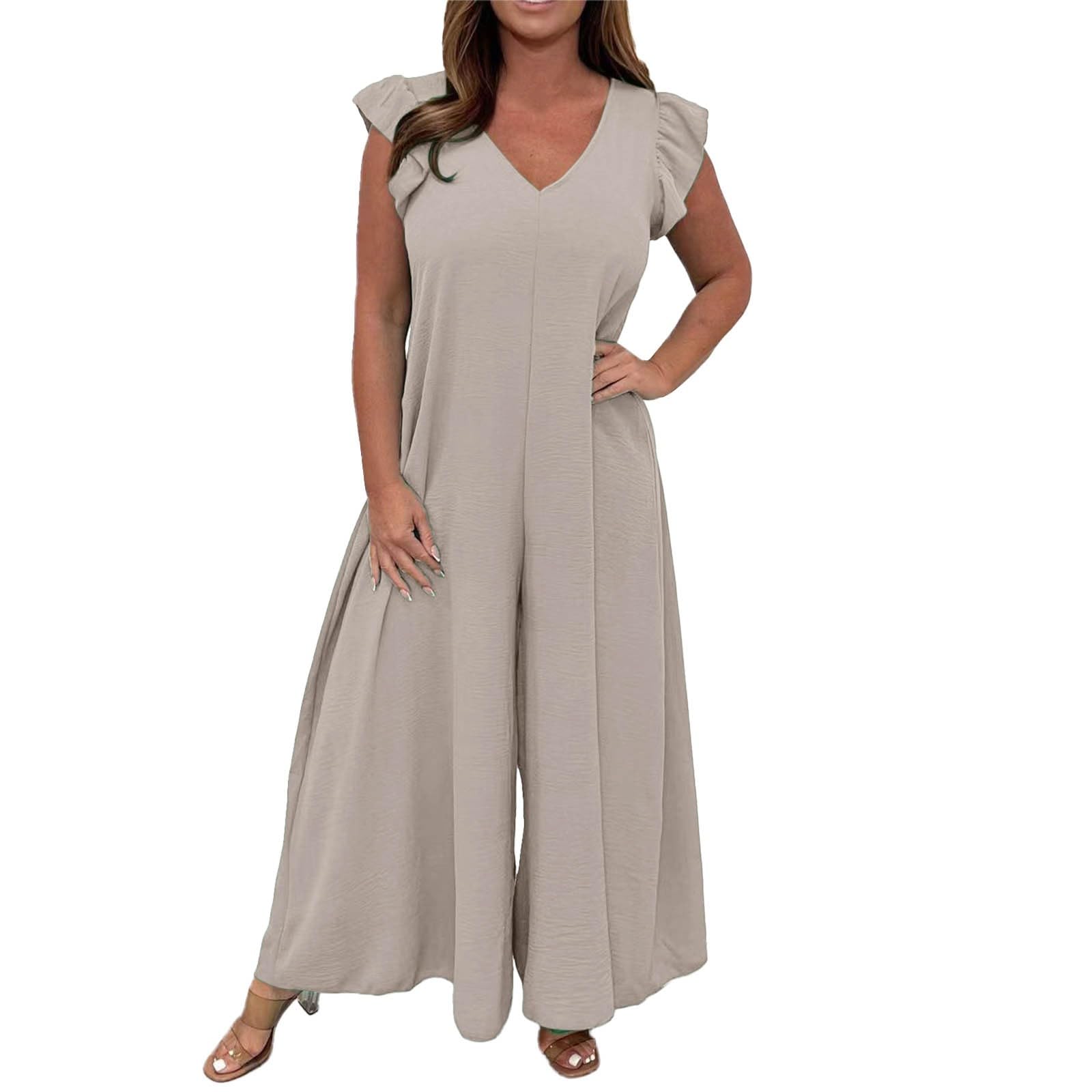 Duohropke Mono elegante para mujer, cuello en V, espalda descubierta, traje de pantalón de manga corta con volantes, mono informal de pierna ancha, mono largo de verano