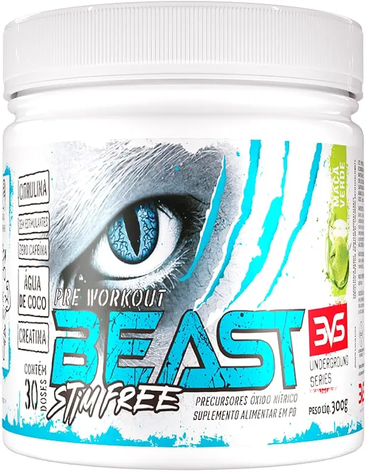 3VS Nutrition Pre Treino BEAST STIM FREE 300g - Sem Cafeína - Com Citrulina, Beta Alanina, Creatina, Arginina, Taurina e Tirosina 300gr, Sabor Maçã verde