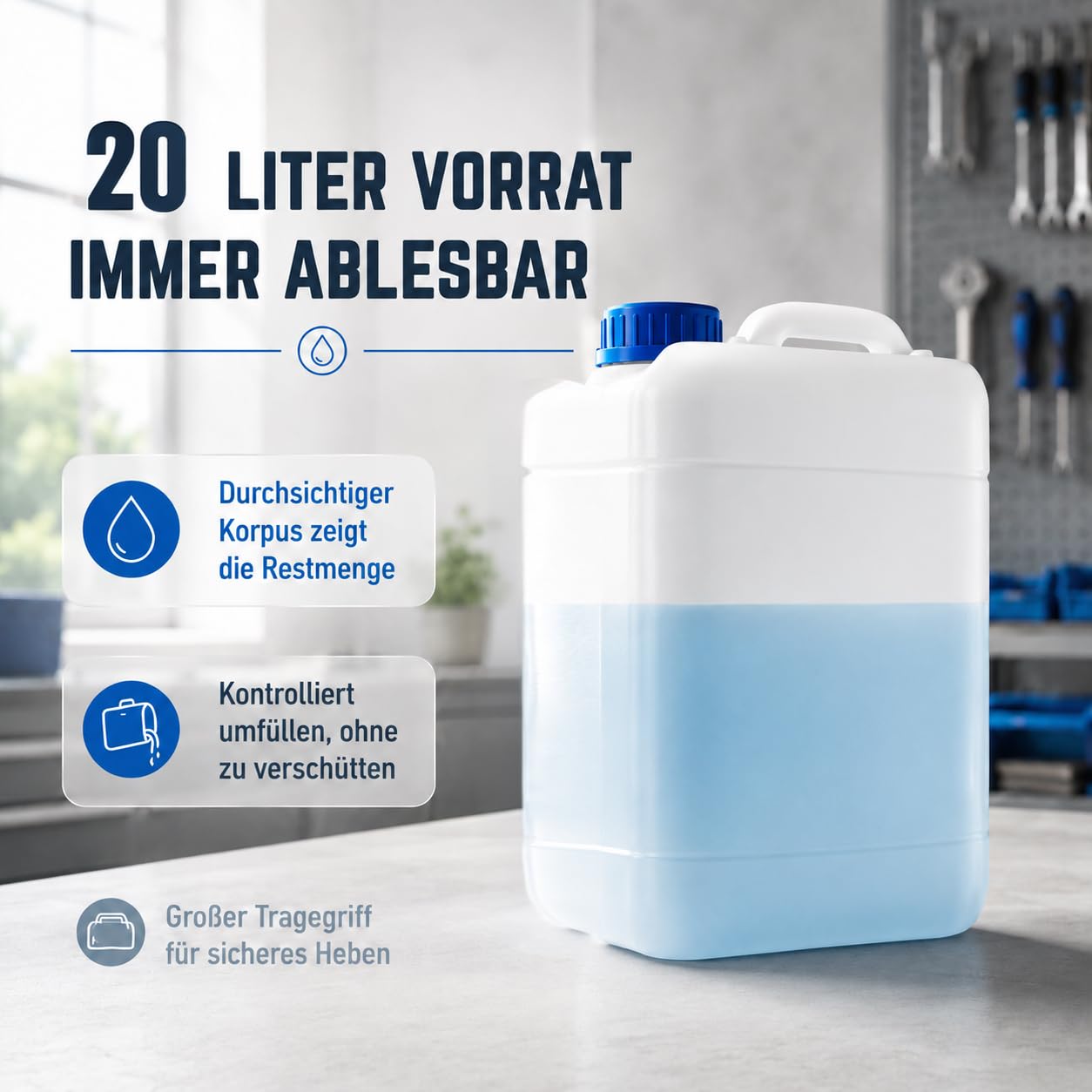 POSH Bidón de 5 x 20 l con tapón de rosca, recipiente transparente de polietileno de alta densidad para líquidos agua y aceite, hermético y apilable, bidón grande de plástico para el hogar, jardín y