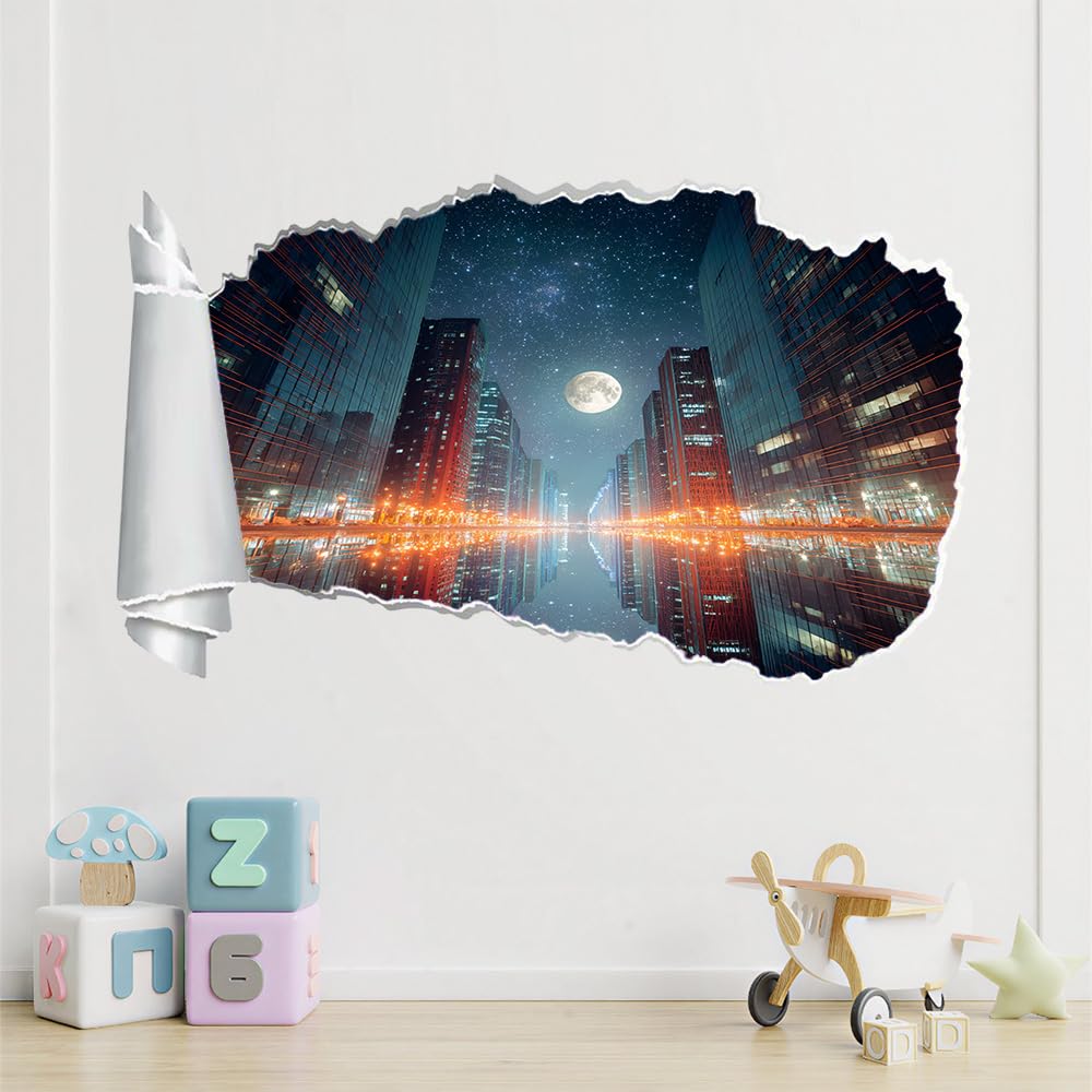 Calcomanía de pared 3D | Luna De Construcción De Ciudad Pegatina Decorativa De Artístico | Paisaje | Decoración De La Habitación De La Guardería Del Dormitorio De Los Niños