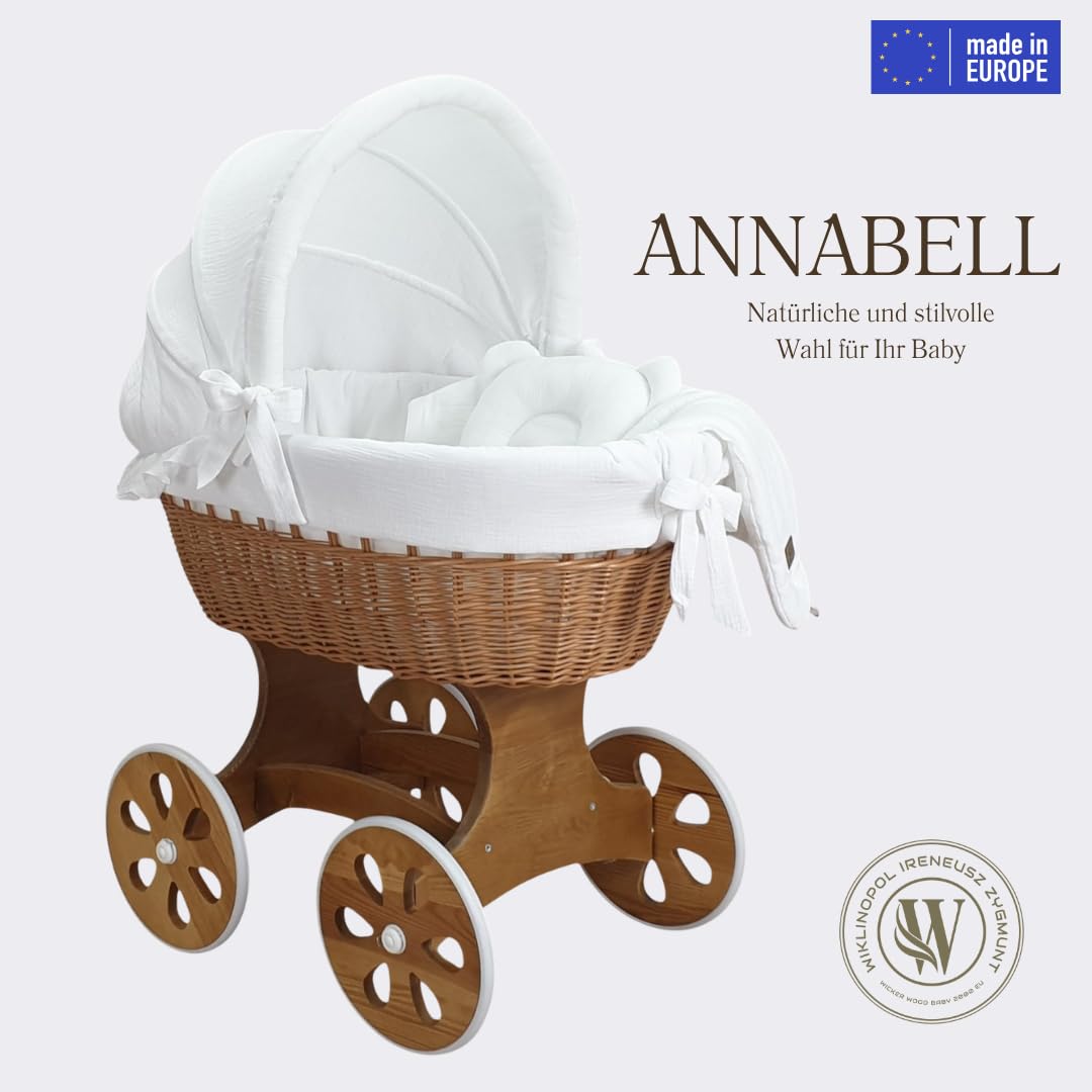 Wiklinopol Stubenwagen, Moseskorb Baby mit Gestell Annabell – Bollerwagen mit Rollen aus Naturweide – inkl. Matratze & 5-TLG. Weiß Musselin-Bettwäsche – Korb: Natur