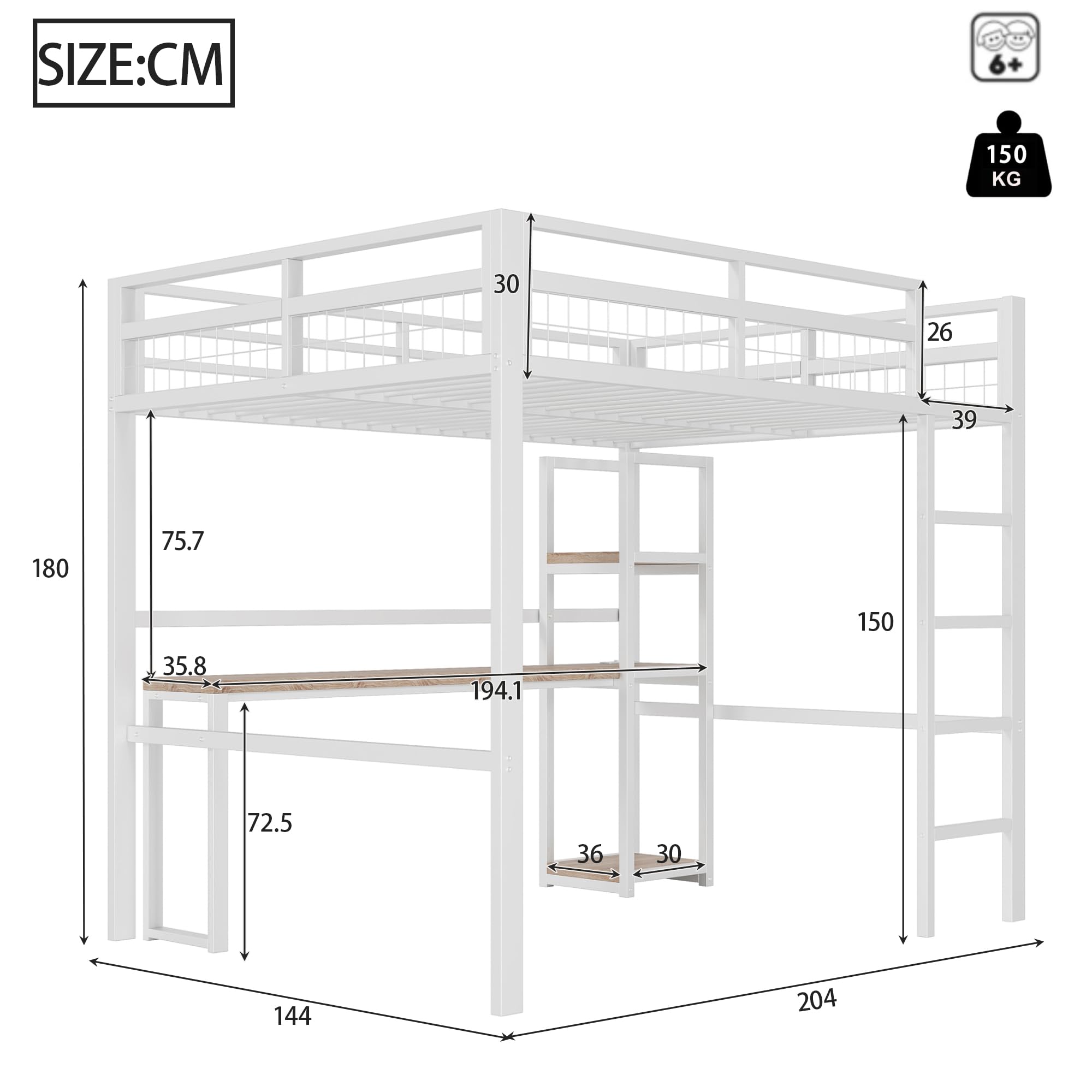 Kebnor Cama alta de 140 x 200 cm, marco de hierro, varios estantes, escritorio con enchufe, barandilla, escalera blanca (sin colchón)