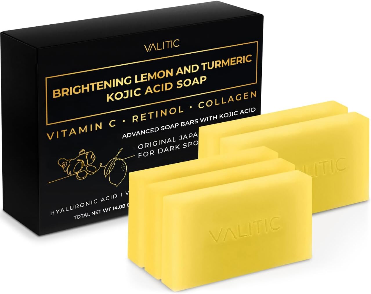 Brightening Lemon & Turmeric Kojic Acid Soap with Vitamin C, Retinol, Collagen - Original Japanese Complex Infused with Hyaluronic Acid, Vitamin E, Shea Butter, Castile Olive Oil (5 Pack)