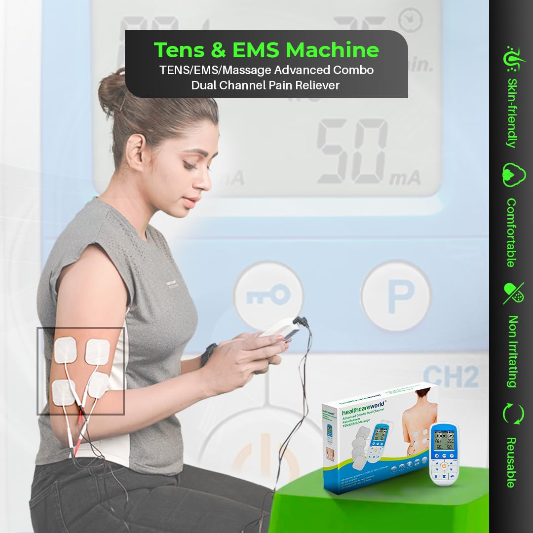 Healthcare World Digitales TENS EMS Gerät – Dual-Channel EMS/TENS für Schmerztherapie, Muskelstimulation, Massage, Physiotherapie & Rehabilitation – 4 Selbstklebende Elektroden, Tragbar