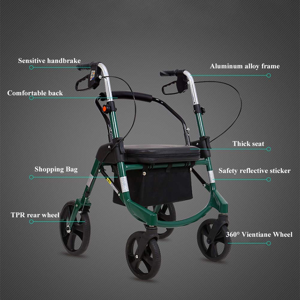 Deambulatore Pieghevole a Quattro Ruote con Sedile Imbottito Freni bloccabili Maniglie ergonomiche Borsa per Il Trasporto Leggero Aiuto per la Mobilità Limitata