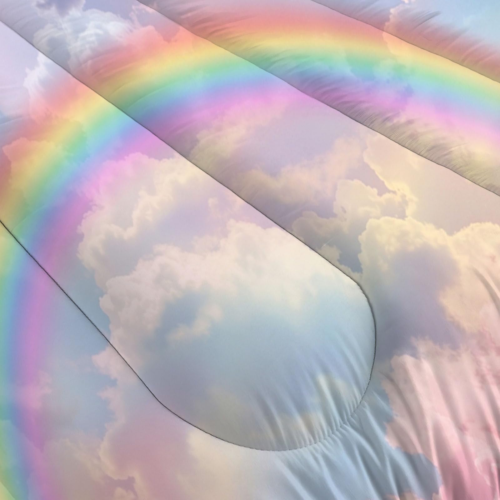 Copriletto Trapuntato Per Bambini Con Cielo Arcobaleno Da Sogno | Trapunta Matrimoniale Invernale, Blu Polvere, Piumone Caldo Morbido Romantiche Nuvole Zucchero Filato Per Decorazione Camera Da Letto