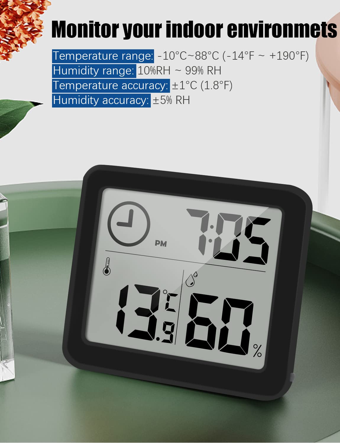 Thermomètre Hygromètre Numérique LCD 3,1" | Moniteur Température Humidité Avec Horloge