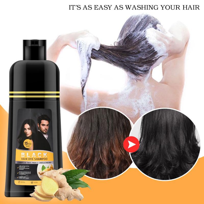 Gegong 500ml Ginger Black Hair Shampoo, Ginger Shampoo Fast Black Hair Hair Color Dye Nourishing, 2-in-1 Semi Permanent Shampoo Last 30 days,5 Minutes Finsh