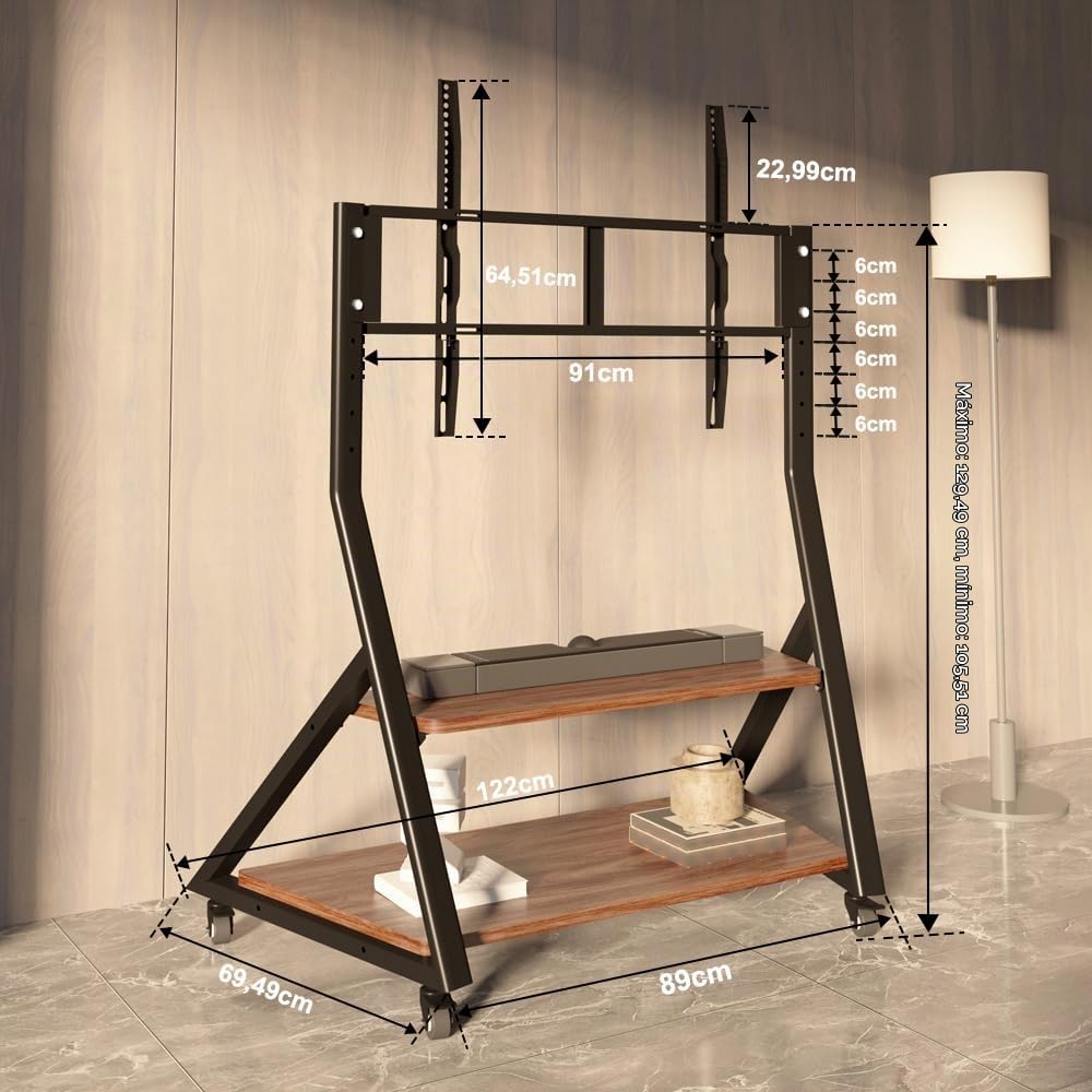 Soporte para TV con Ruedas y Estante de Madera para Pantallas Planas Curvas de 50 a 100 Pulgadas, Carrito para TV de Exterior de Alta Resistencia con Ruedas, con Capacidad para hasta 100 kg