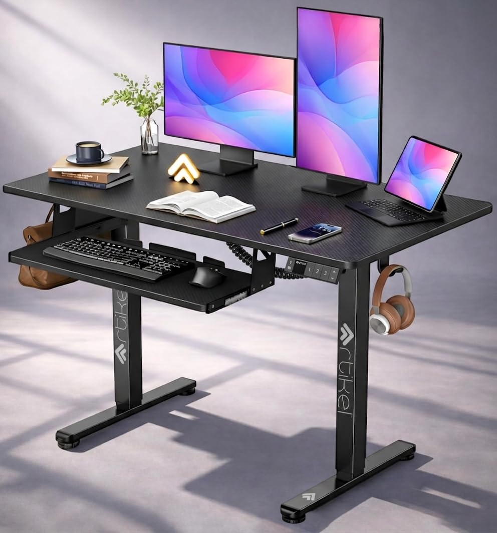 ARTIKEL Artidesk Electric Height Adjustable Table for Office Work with Keyboard Tray | Sit Stand Gaming Desk| 80Kg Wt Lift | 2 Headphone Hook Cable Management USB Port (Black, 120x60cm)