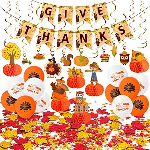 34 Pieces Thanksgiving Party Decorations Set - Fall GIVE THANKS Banner Autumn Theme Hanging Swirls Honeycomb Paper Balloons Maple Leaves Confetti Decor Supplies Cutouts Cover