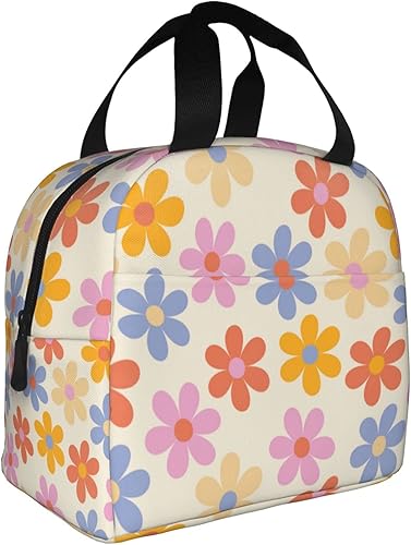 Miniatura 2 de weecool Lonchera vintage con diseño de margaritas para mujeres y hombres, contenedor reutilizable con aislamiento floral con bolsillo frontal para