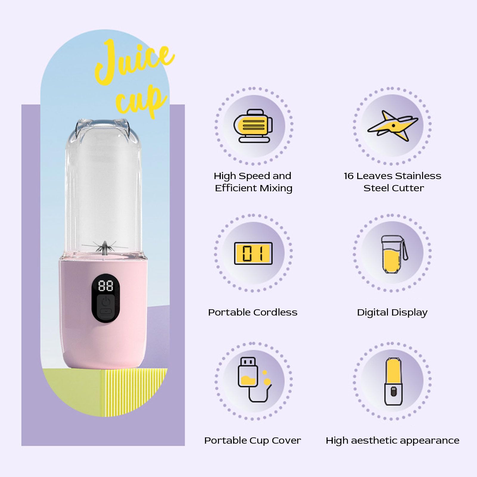 Cuifati Persönlicher Tragbarer Mixer, 500 Ml Mixbecher, 16 Edelstahlklingen, Wiederaufladbar über USB Typ C für Säfte, Babynahrung und Protein-Shakes (Rosa)