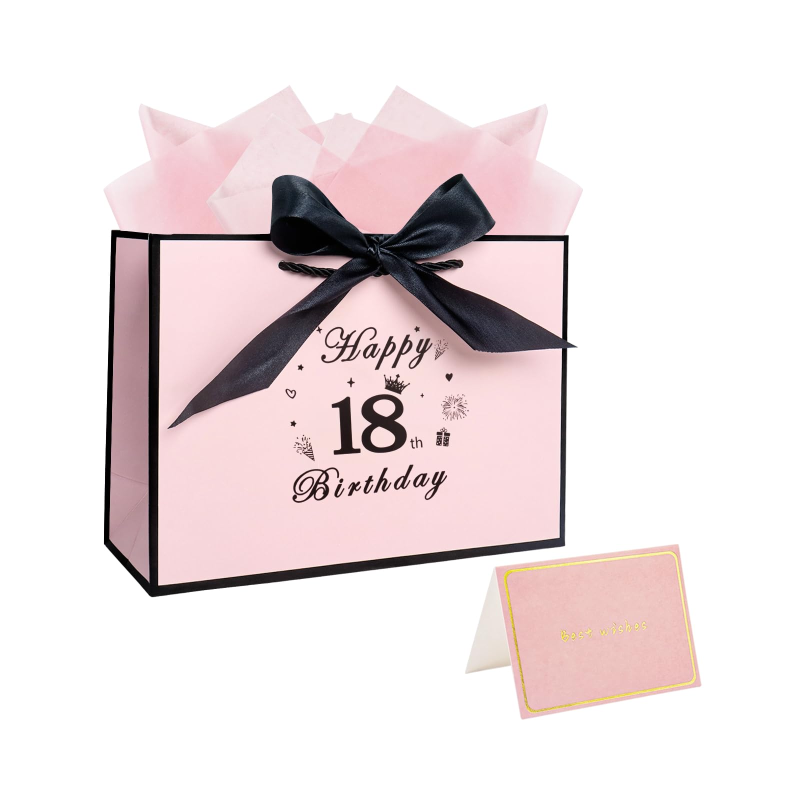 11" 18th Birthday Gift Bag for Girls 18th Pink Gift Bag with Tissue Paper and Card (Pink and Black)