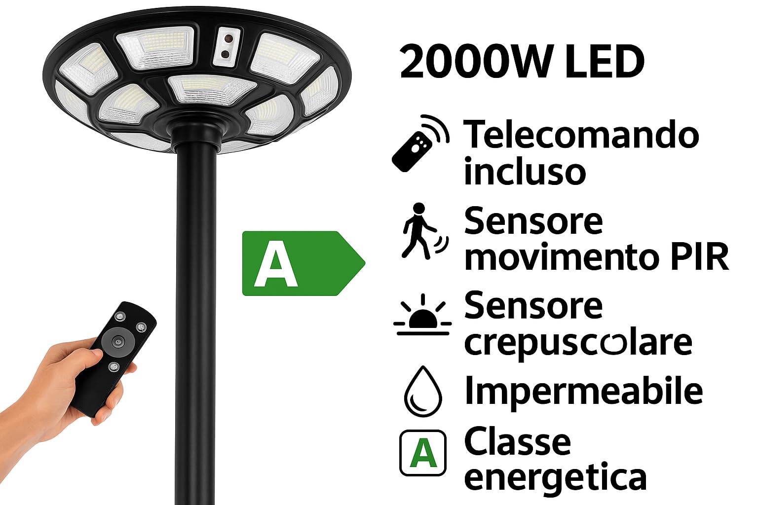 Generico Lampione Solare Esterno 2000 Watt, LED Stradale Giardino UFO con Telecomando, Sensore Movimento, Crepuscolare, IP66, Luce Fredda, Faretto Solare Alta Efficienza